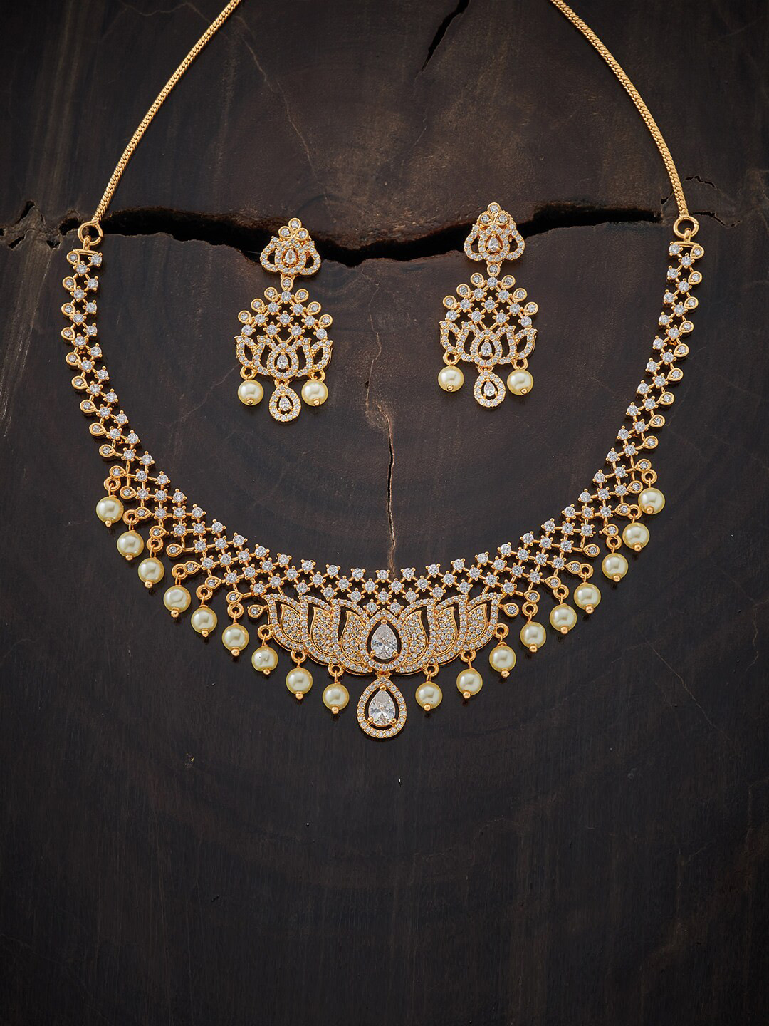 

Kushal's Fashion Jewellery Gold-Plated White CZ Studded & Beaded Jewellery Set