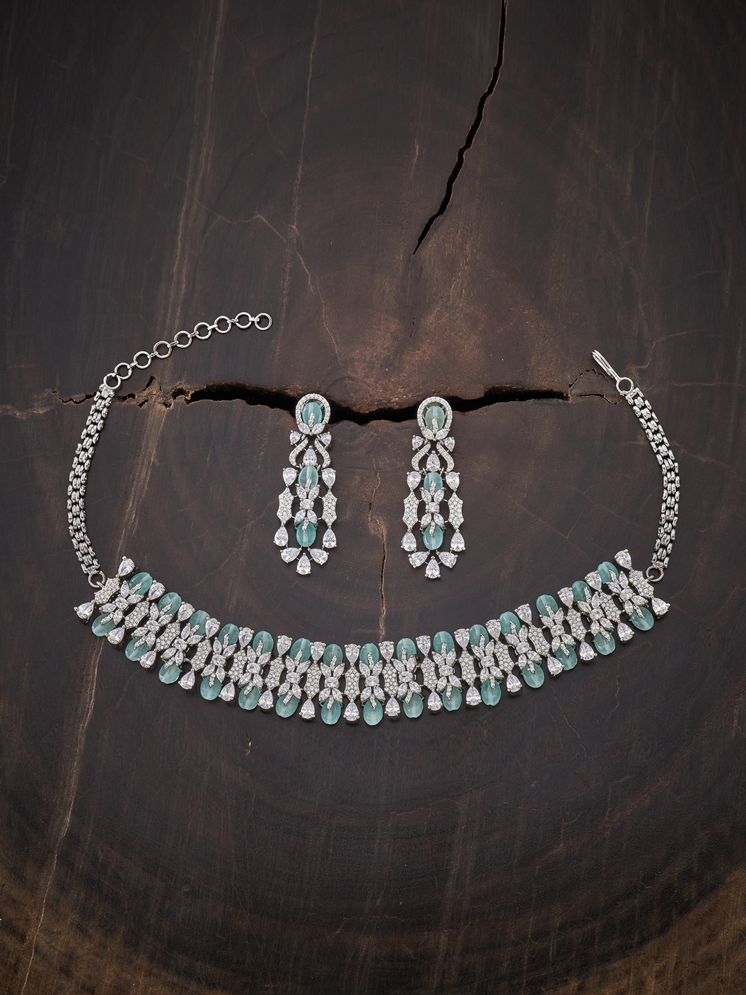 

Kushal's Fashion Jewellery Rhodium Plated Sea Green & White CZ Studded & Beaded Jewellery Set