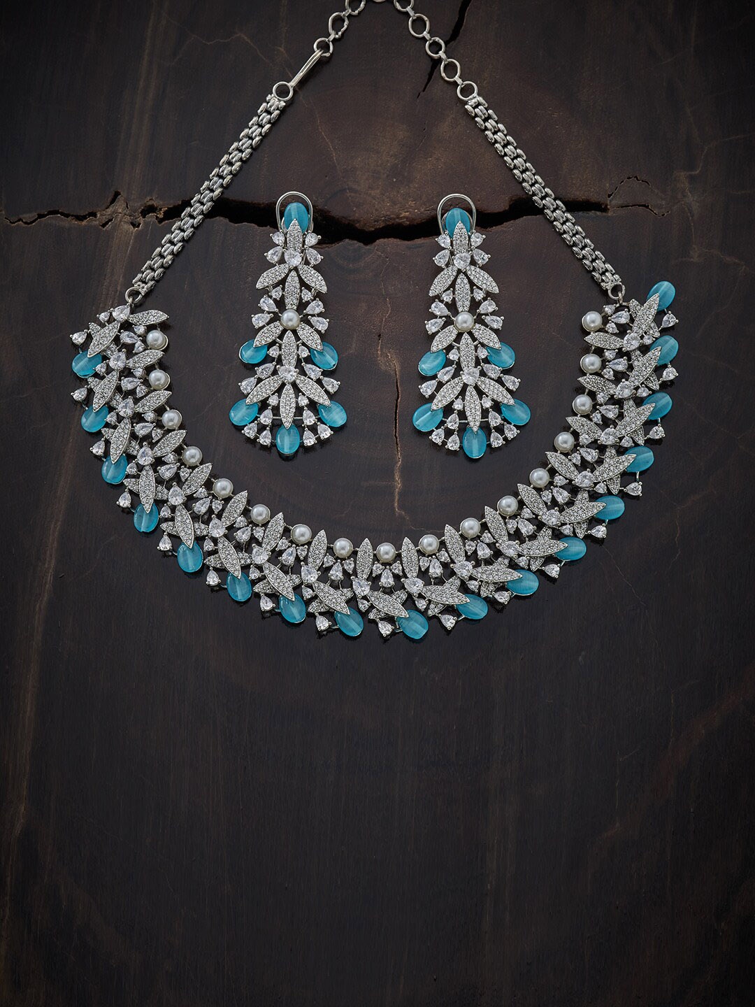 

Kushal's Fashion Jewellery Rhodium-Plated Sea-Green CZ-Studded Handcrafted Jewellery Set