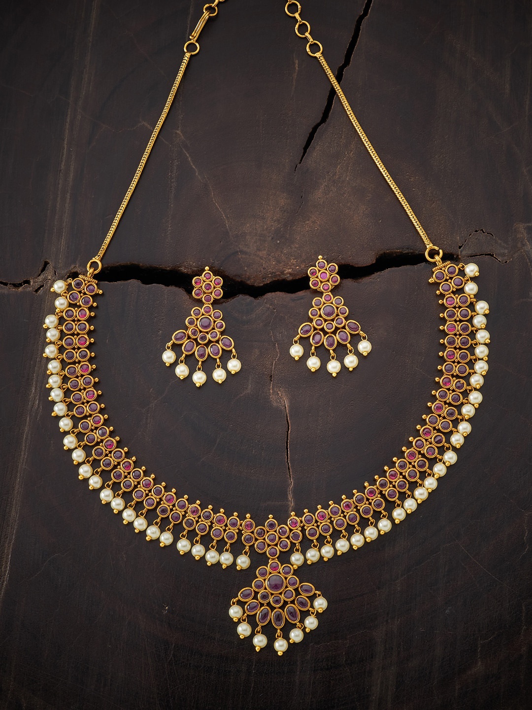 

Kushal's Fashion Jewellery Gold-Plated Red & White Stone-Studded & Beaded Jewellery Set