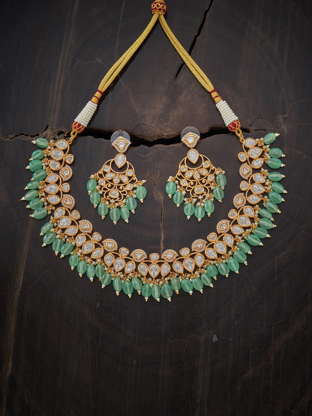 

Kushal's Fashion Jewellery Gold-Plated Sea Green Kundan Studded Jewellery Set