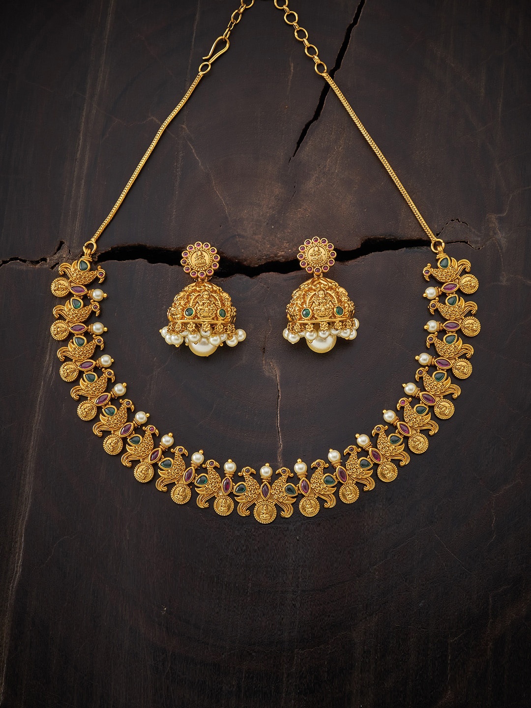 

Kushal's Fashion Jewellery Gold-Plated Red Stone Studded Jewellery Set