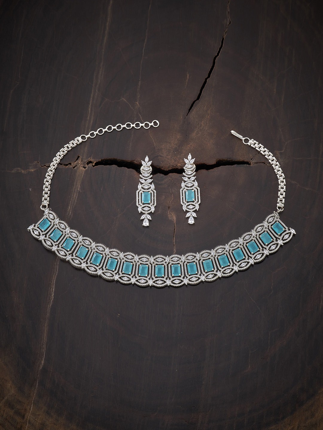 

Kushal's Fashion Jewellery Rhodium-Plated Sea Green CZ Studded Choker Jewellery Set