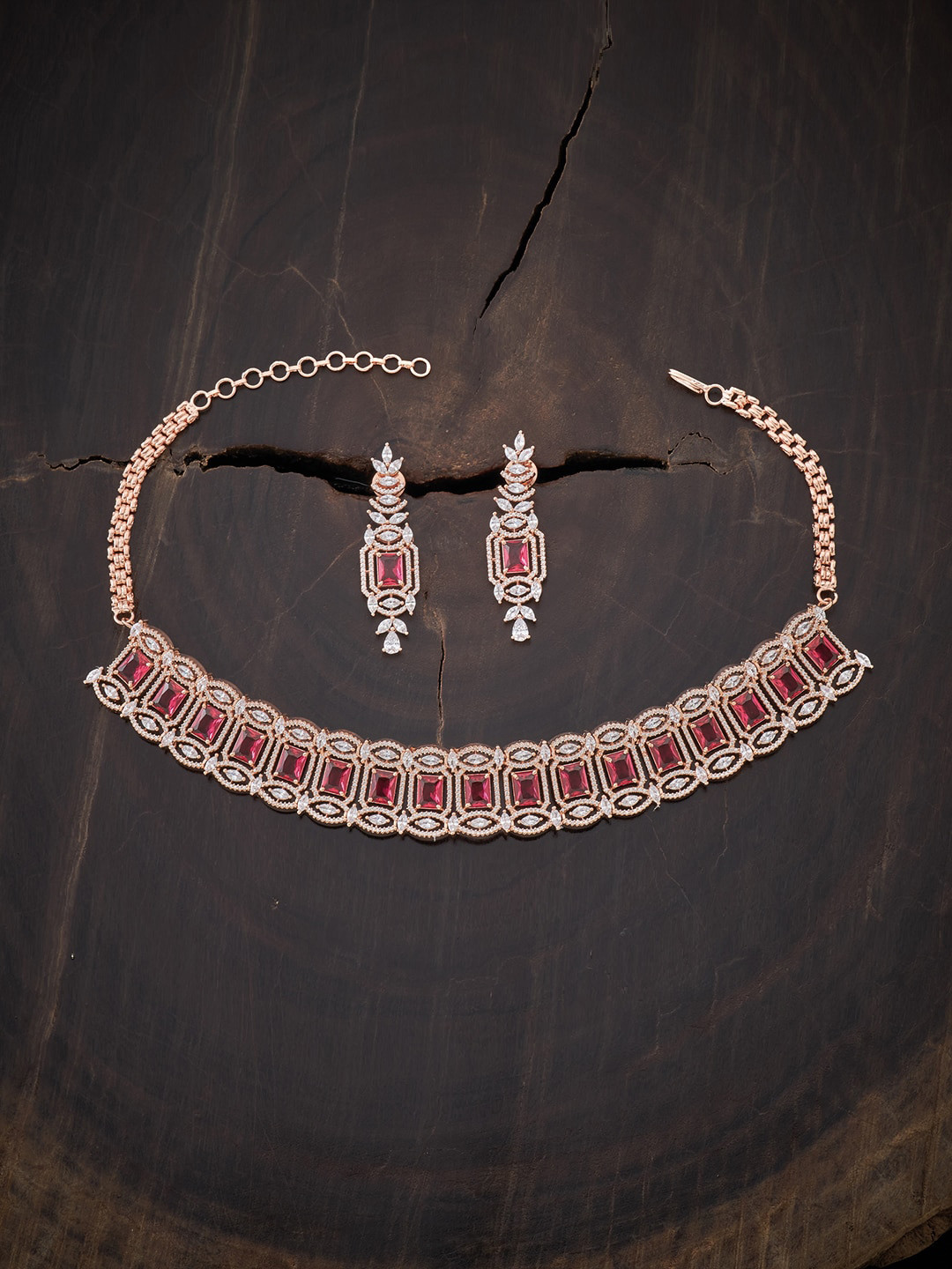 

Kushal's Fashion Jewellery Rose Gold-Plated Red & White CZ-Studded Jewellery Set