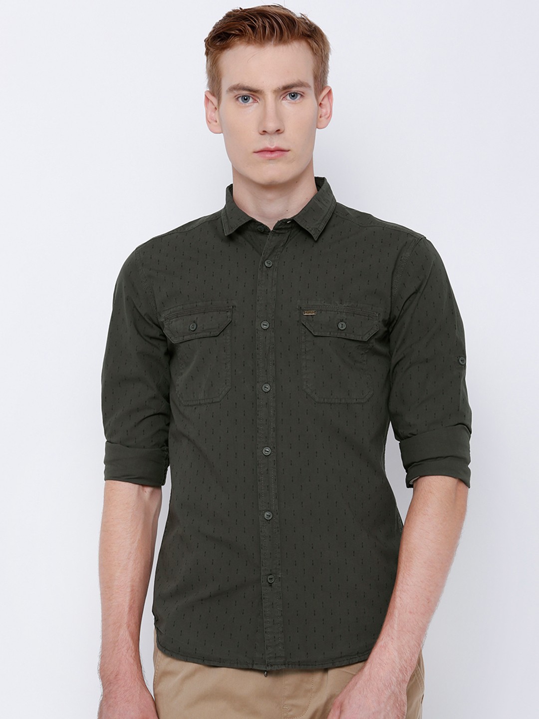 

LOCOMOTIVE Men Olive Green Slim Fit Printed Casual Shirt