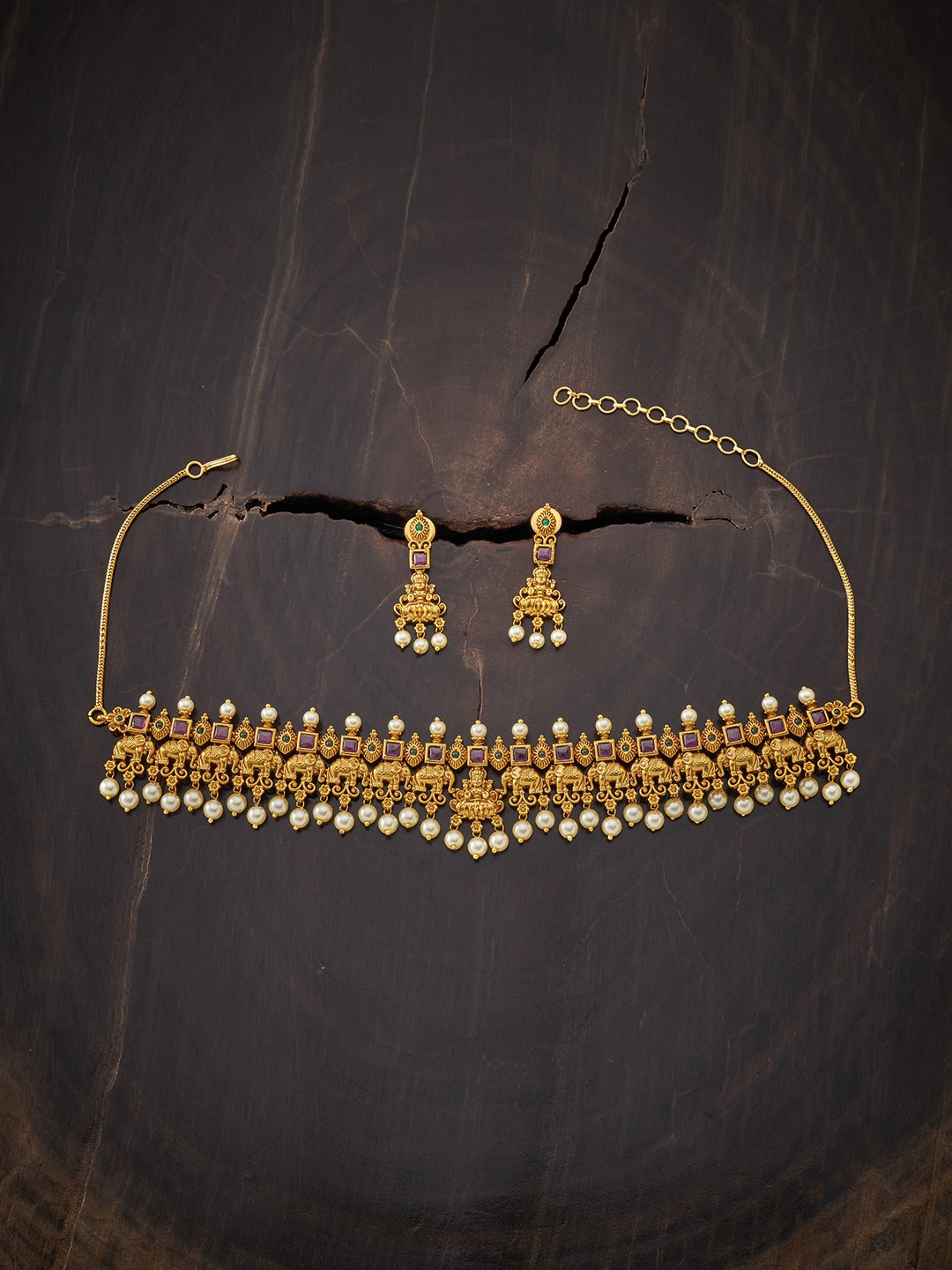 

Kushal's Fashion Jewellery Gold-Plated Red & White Stone Studded Jewellery Set