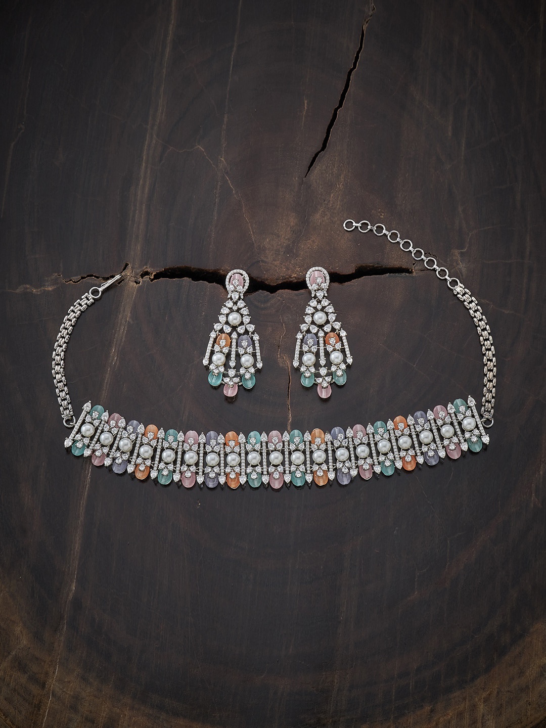 

Kushal's Fashion Jewellery Rhodium Plated White Orange & Green CZ Stone Studded Jewellery Set