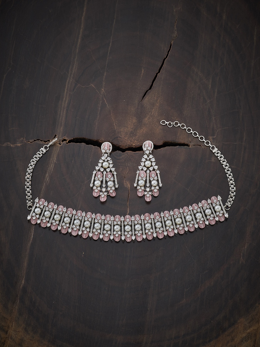 

Kushal's Fashion Jewellery Rhodium-Plated Pink CZ Studded Jewellery Set