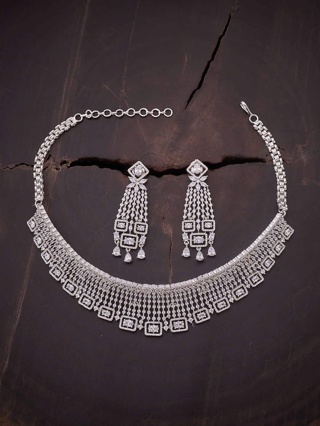 

Kushal's Fashion Jewellery Rhodium-Plated White CZ-Studded Jewellery Set, Silver