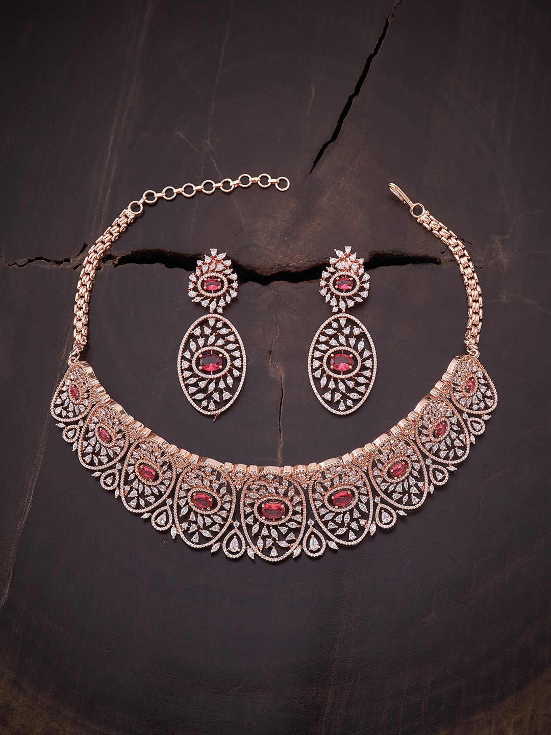 

Kushal's Fashion Jewellery Rose Gold-Plated & Red CZ-Studded Jewellery Set