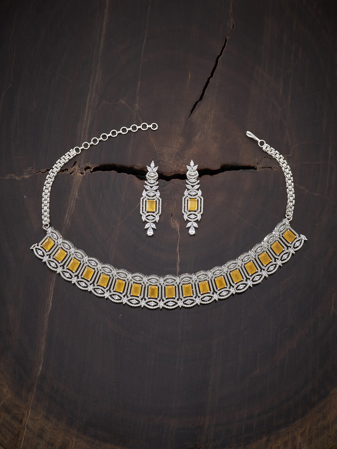 

Kushal's Fashion Jewellery Rhodium-Plated White & Yellow CZ-Studded Jewellery Set, Silver