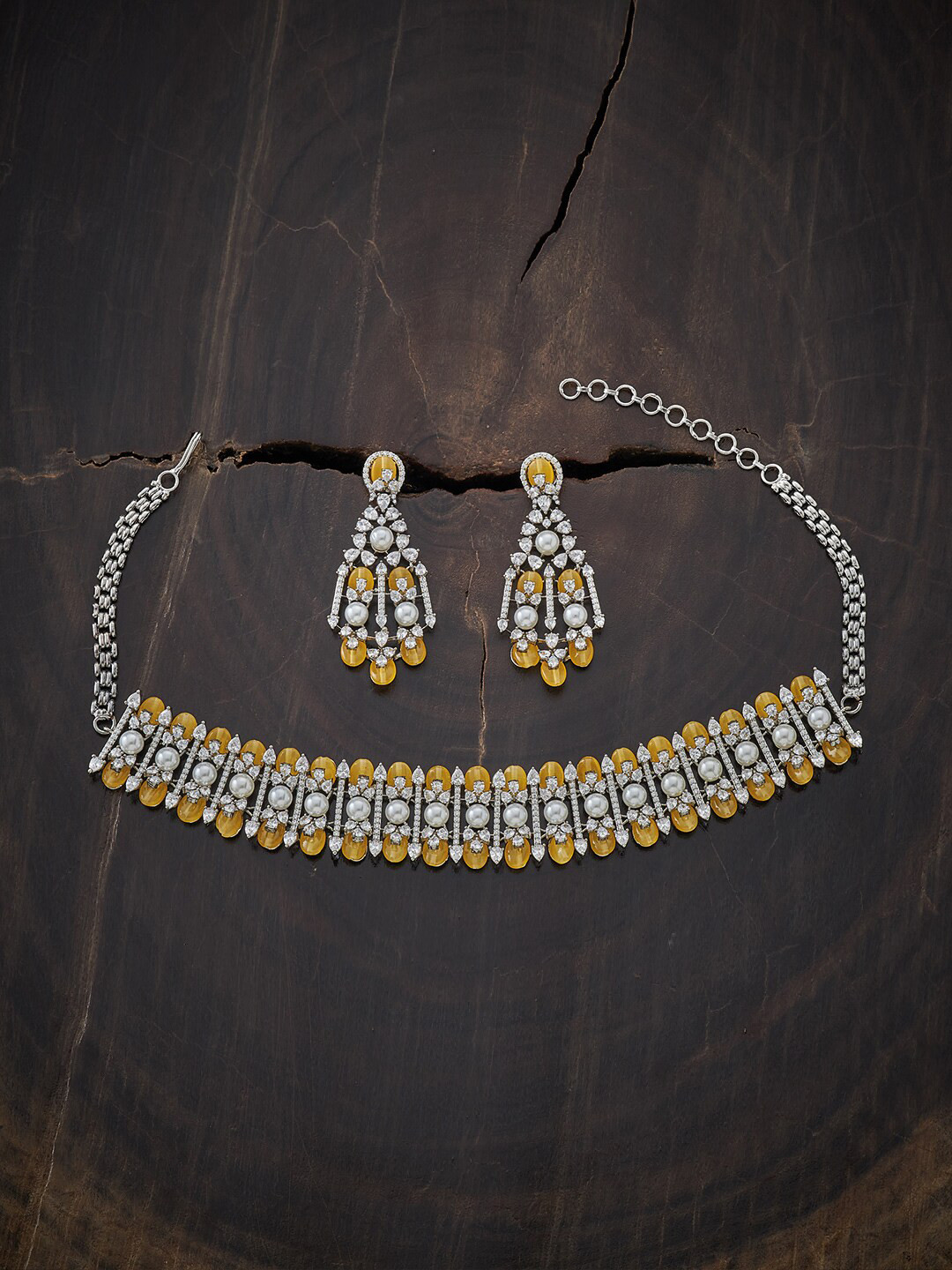 

Kushal's Fashion Jewellery Rhodium-Plated Yellow-Colored CZ Studded Choker Jewellery Set