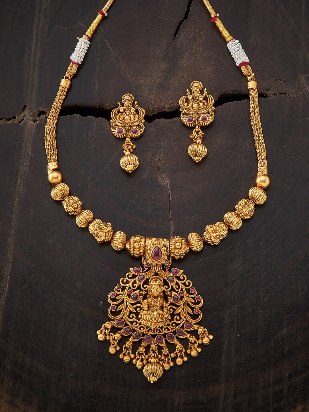 

Kushal's Fashion Jewellery Gold-Plated Red Stone Studded Jewellery Set