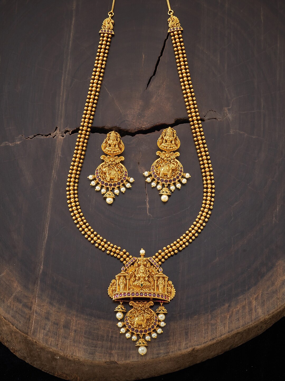 

Kushal's Fashion Jewellery Gold-Plated Red Stone-Studded & Beaded Temple Jewellery Set