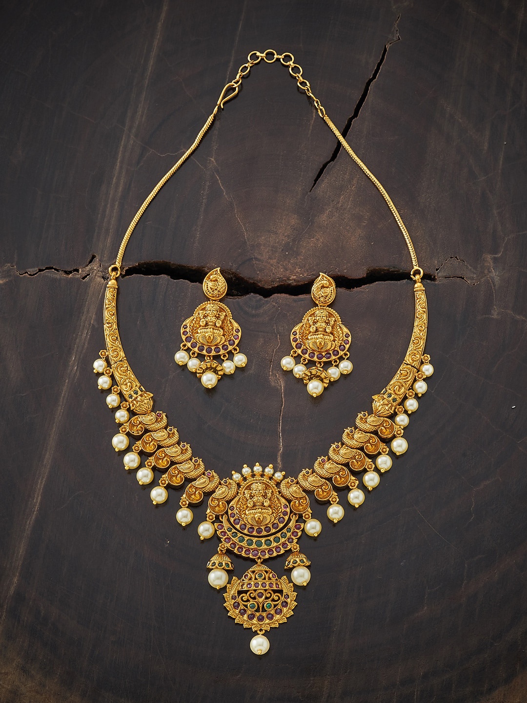 

Kushal's Fashion Jewellery Gold-Plated Red & Green Stone Studded Antique Jewellery Set