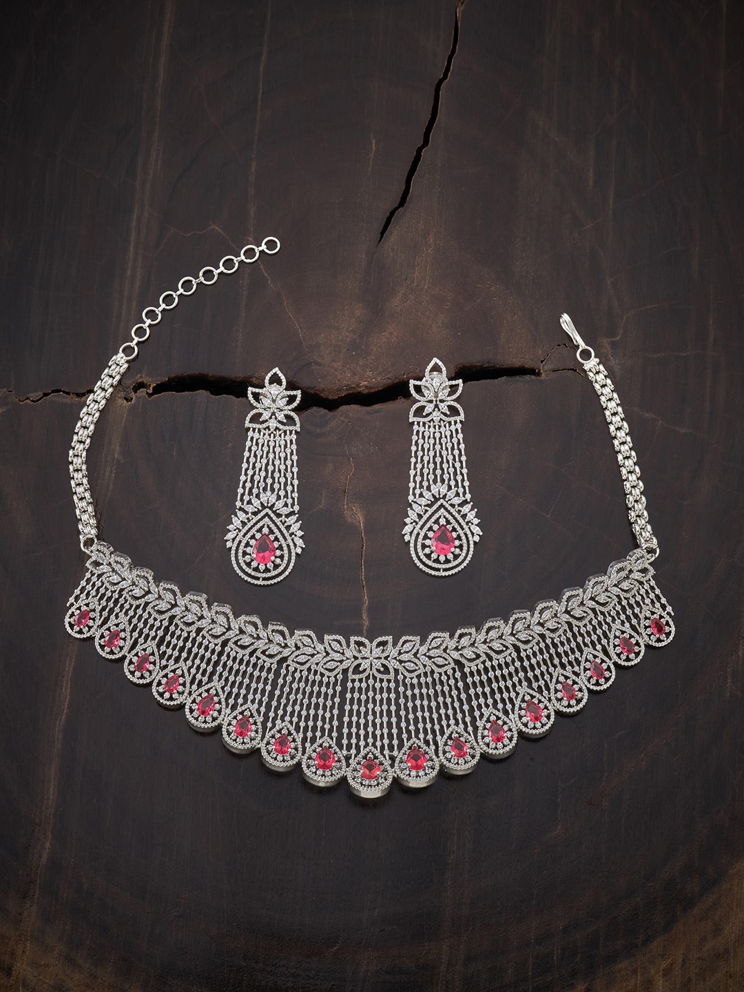 

Kushal's Fashion Jewellery Rhodium-Plated Red Cubic Zirconia Studded Jewellery Set