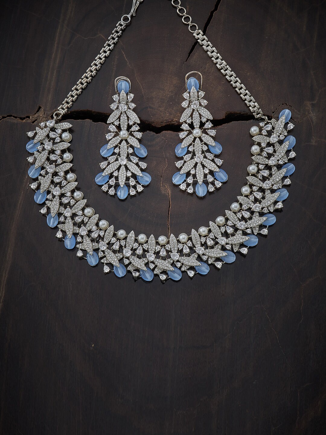 

Kushal's Fashion Jewellery Rhodium-Plated Blue & White CZ-Studded Jewellery Set