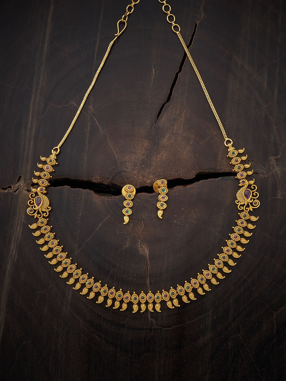 

Kushal's Fashion Jewellery Gold-Plated Green & Red Stone-Studded Antique Jewellery Set