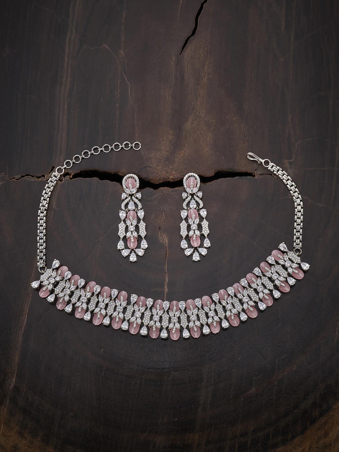 

Kushal's Fashion Jewellery Rhodium-Plated Pink CZ Stone Studded Jewellery Set