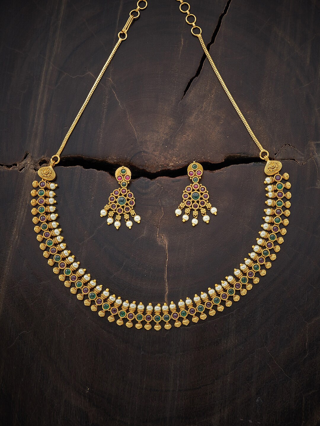 

Kushal's Fashion Jewellery Gold-Plated Red & Green Stones-Studded Jewellery Set