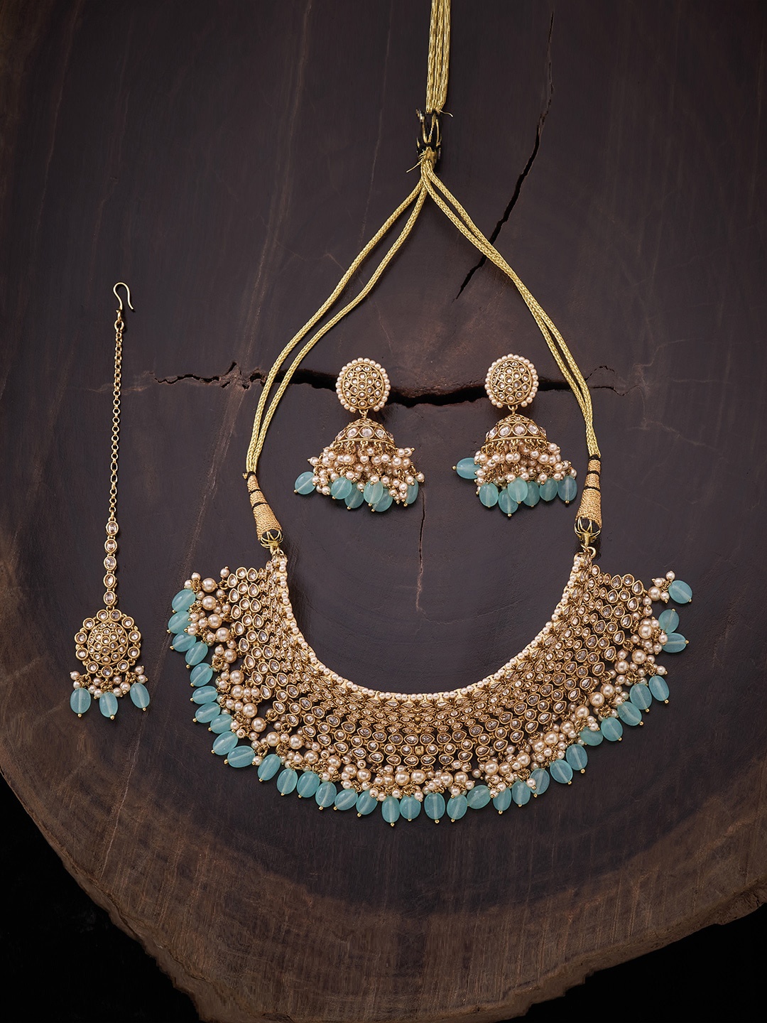 

Kushal's Fashion Jewellery Gold Plated Sea Green Kundan Studded Jewellery Set