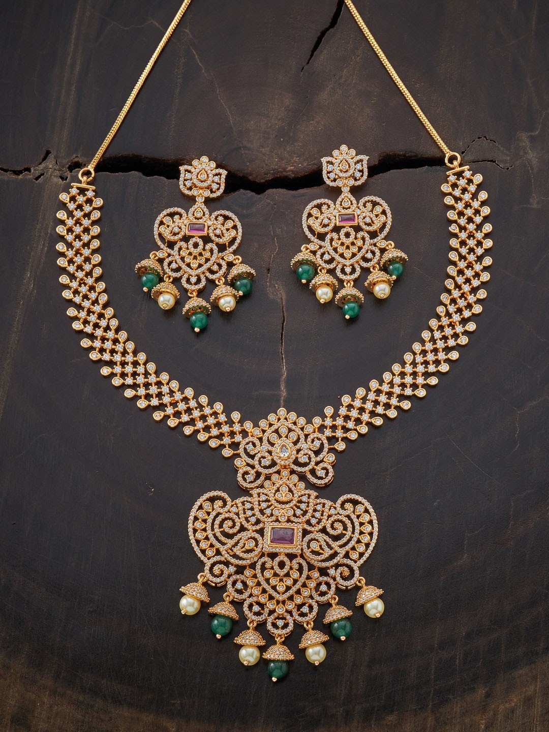 

Kushal's Fashion Jewellery Gold-Plated Green & Red-colored White CZ Studded Jewellery Set