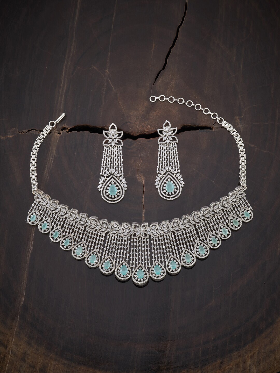 

Kushal's Fashion Jewellery Rhodium-Plated Sea Green CZ Studded Jewellery Set