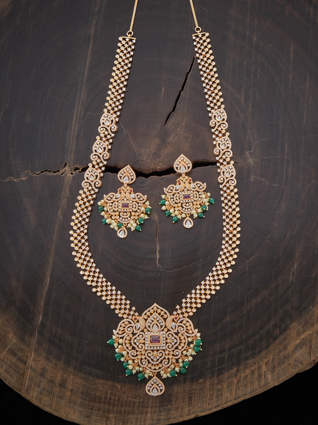 

Kushal's Fashion Jewellery Gold-Toned Red CZ-Studded Pearl Beaded Jewellery Set