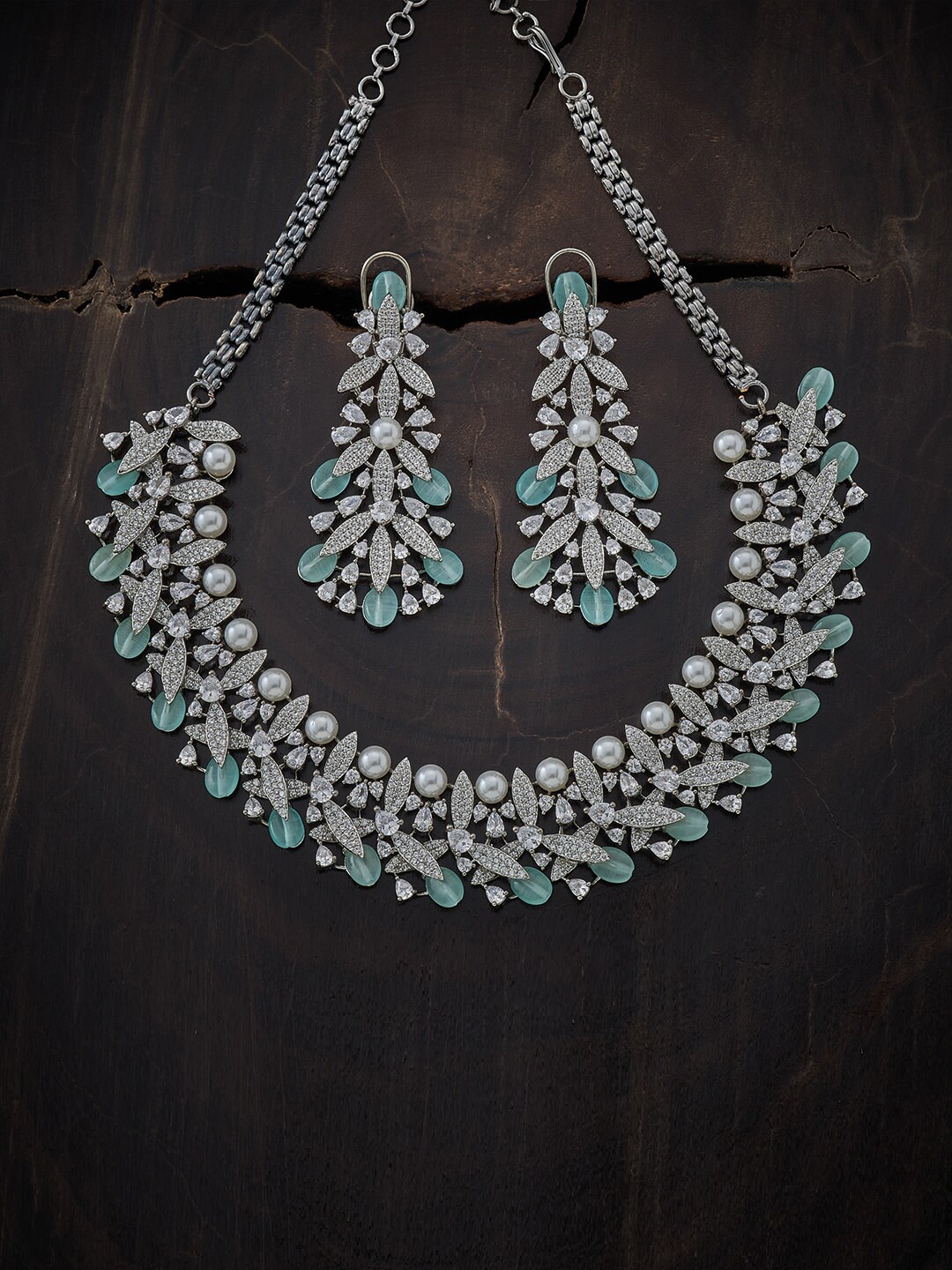 

Kushal's Fashion Jewellery Rhodium-Plated Sea Green & White CZ Studded Jewellery Set