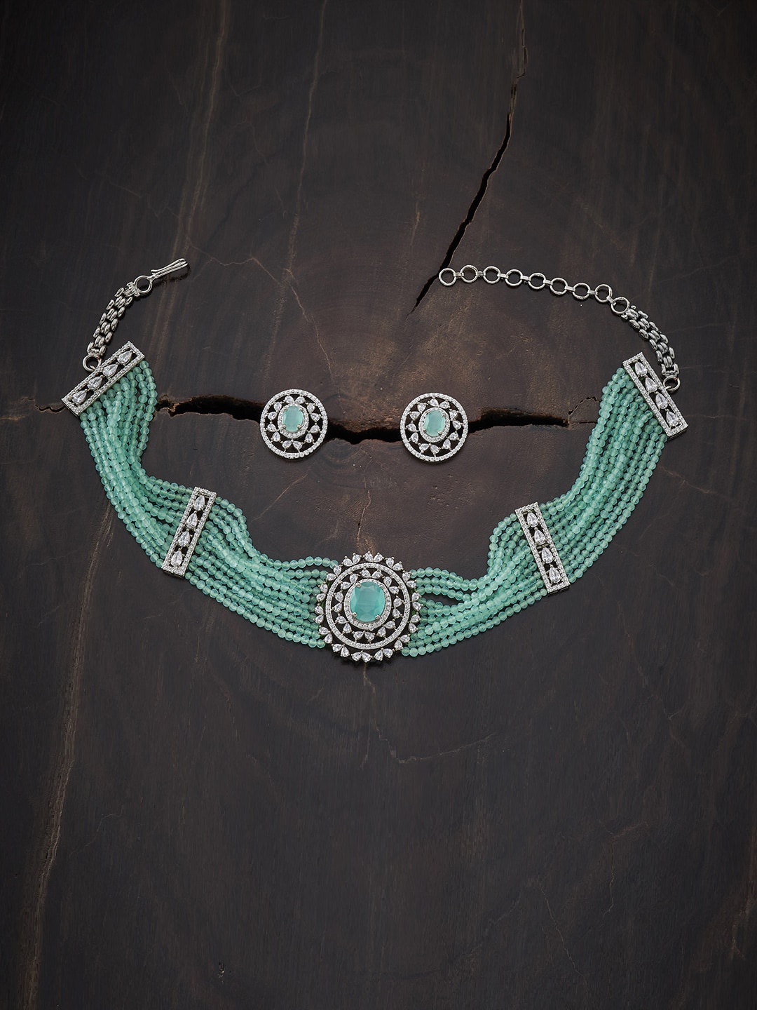 

Kushal's Fashion Jewellery Rhodium-Plated Sea Green CZ Stone-Studded Jewellery Set