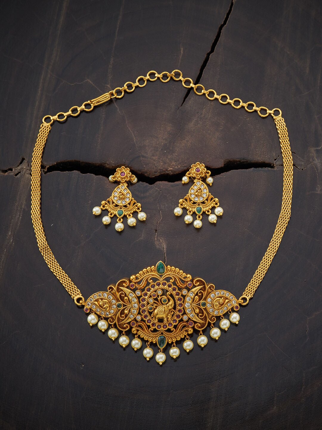 

Kushal's Fashion Jewellery Gold-Plated Red & Green Stone Studded Jewellery Set