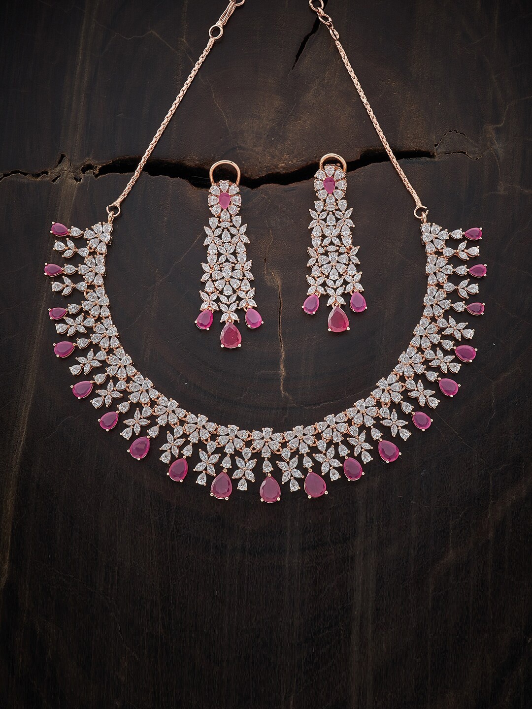 

Kushal's Fashion Jewellery Rose-Gold Plated Red CZ Studded Jewellery Set