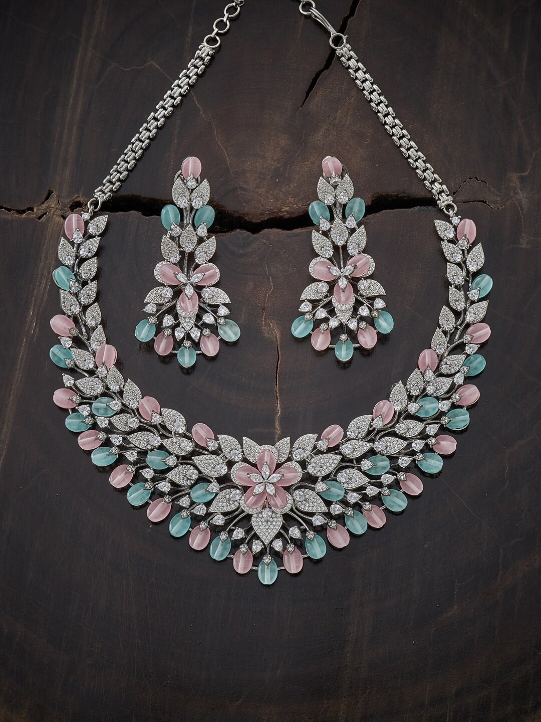 

Kushal's Fashion Jewellery Rhodium-Plated Pink & Mint-Green CZ-Studded & Beaded Jewellery Set