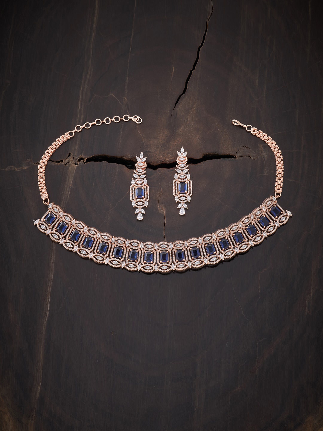 

Kushal's Fashion Jewellery Rose Gold-Plated Blue CZ Studded Choker Jewellery Set