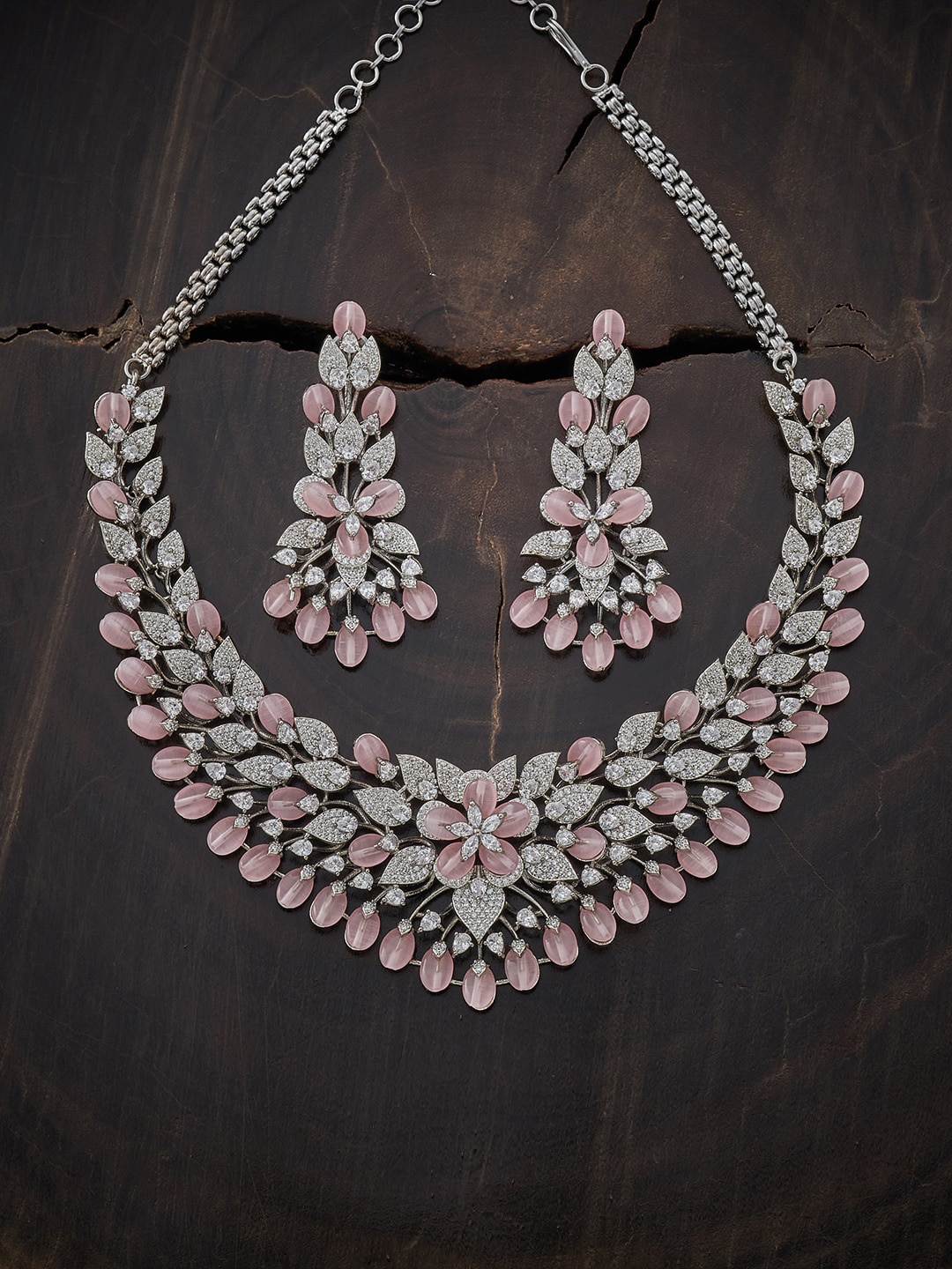 

Kushal's Fashion Jewellery Rhodium-Plated Pink CZ-Studded Handcrafted Jewellery Set