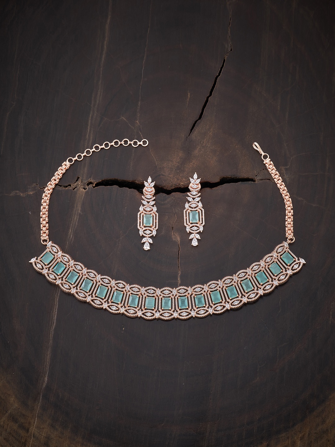 

Kushal's Fashion Jewellery Rose-Gold Plated Sea Green Cubic Zirconia Studded Jewellery Set