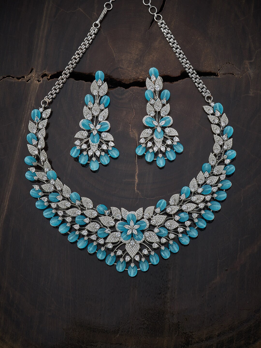 

Kushal's Fashion Jewellery Rhodium-Plated Sea-Green CZ Studded Jewellery Set