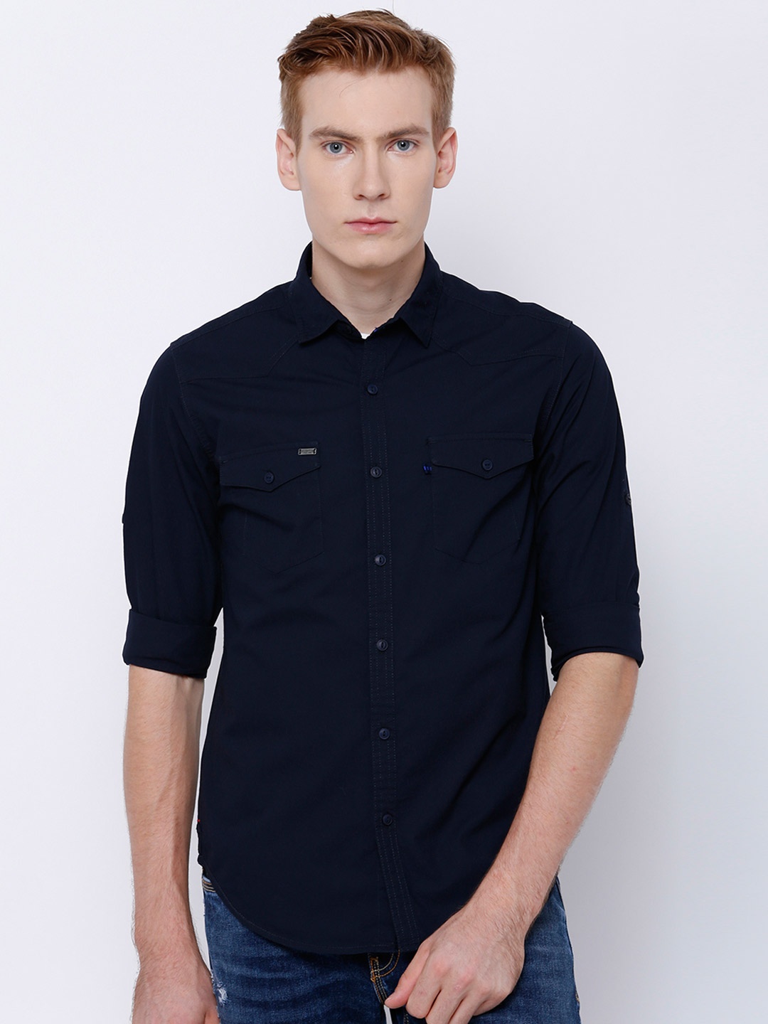 

LOCOMOTIVE Men Navy Slim Fit Solid Casual Shirt, Navy blue