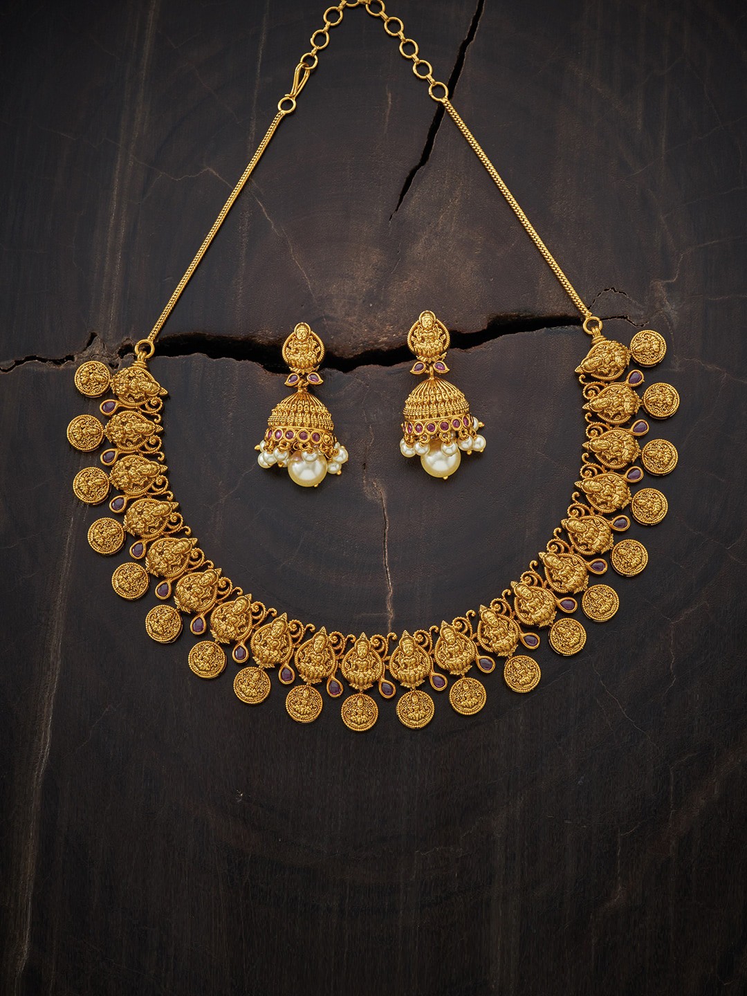 

Kushal's Fashion Jewellery Gold-Plated Red Stone Studded Jewellery Set