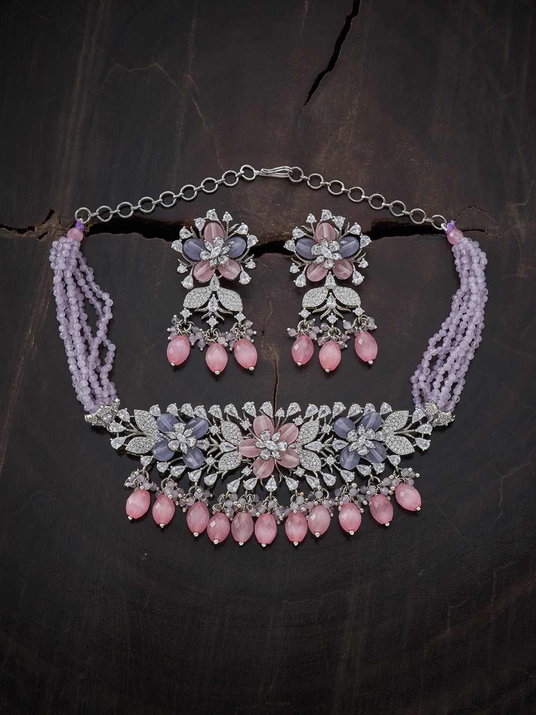 

Kushal's Fashion Jewellery Rhodium Plated Pink CZ Studded Jewellery Set