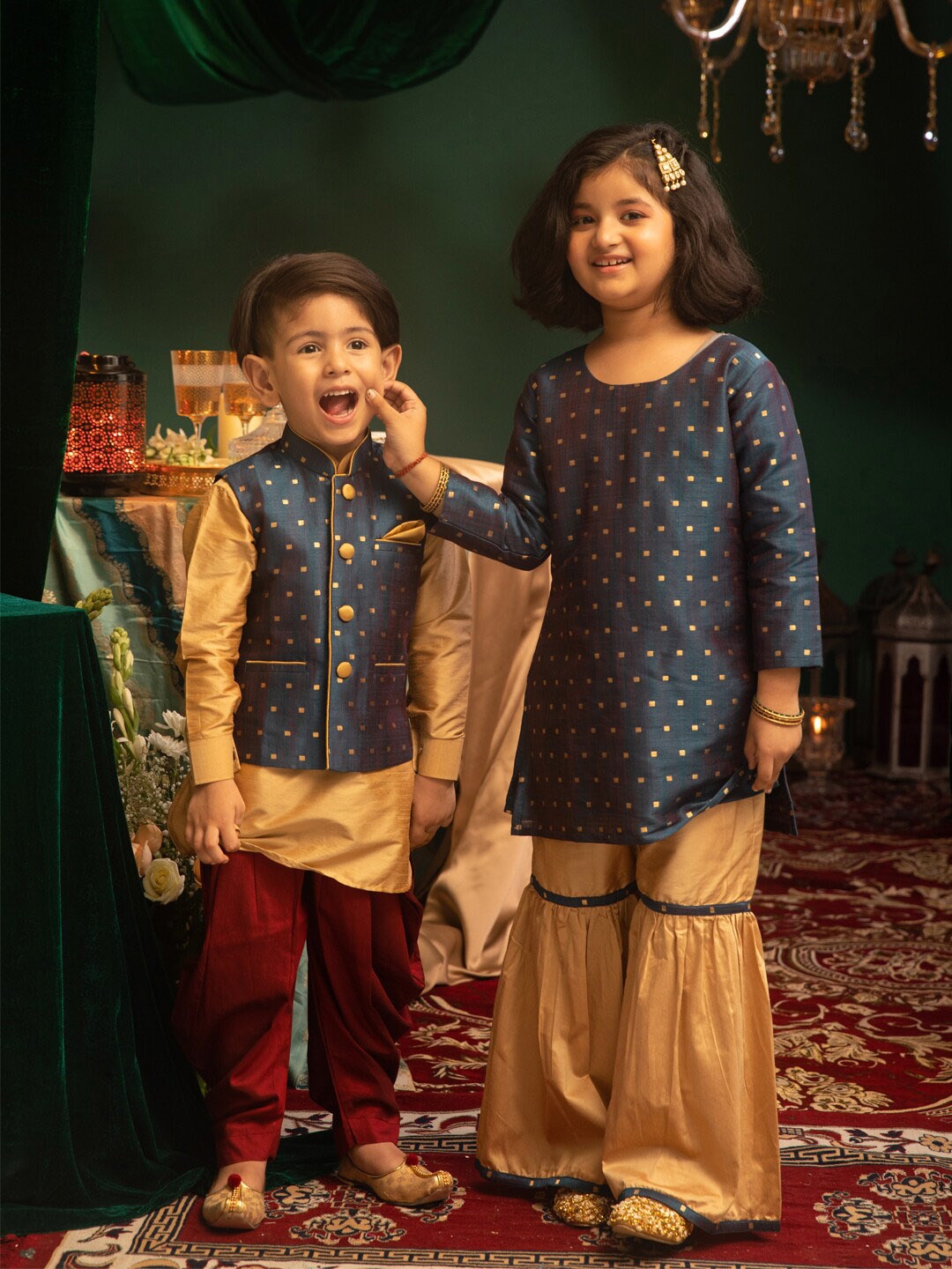 

VASTRAMAY Boys Rose Gold Embroidered Kurta with Cowl Dhoti Pant With Woven Nehru Jacket