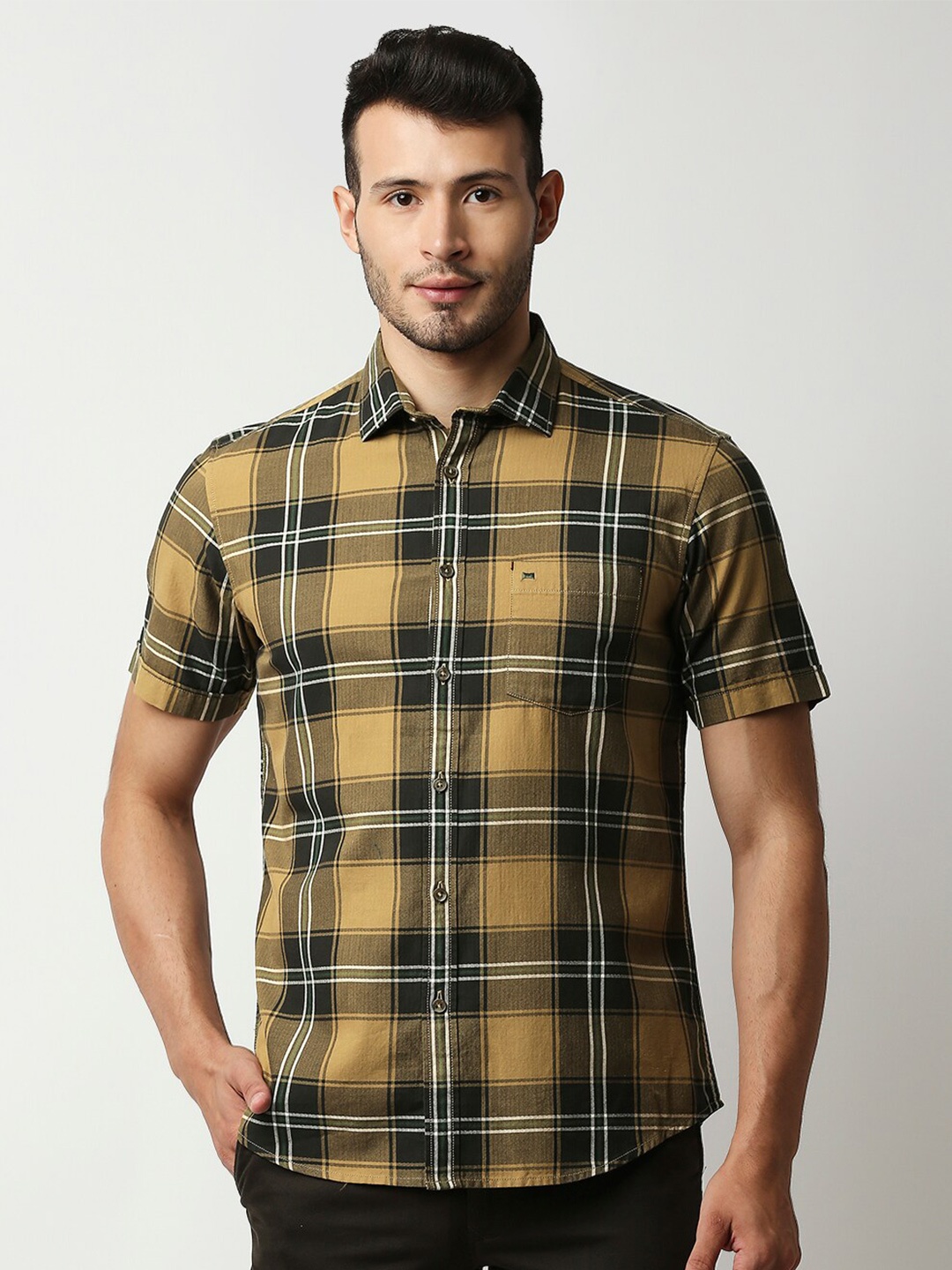 

Basics Men Khaki Slim Fit Tartan Checks Checked Casual Shirt