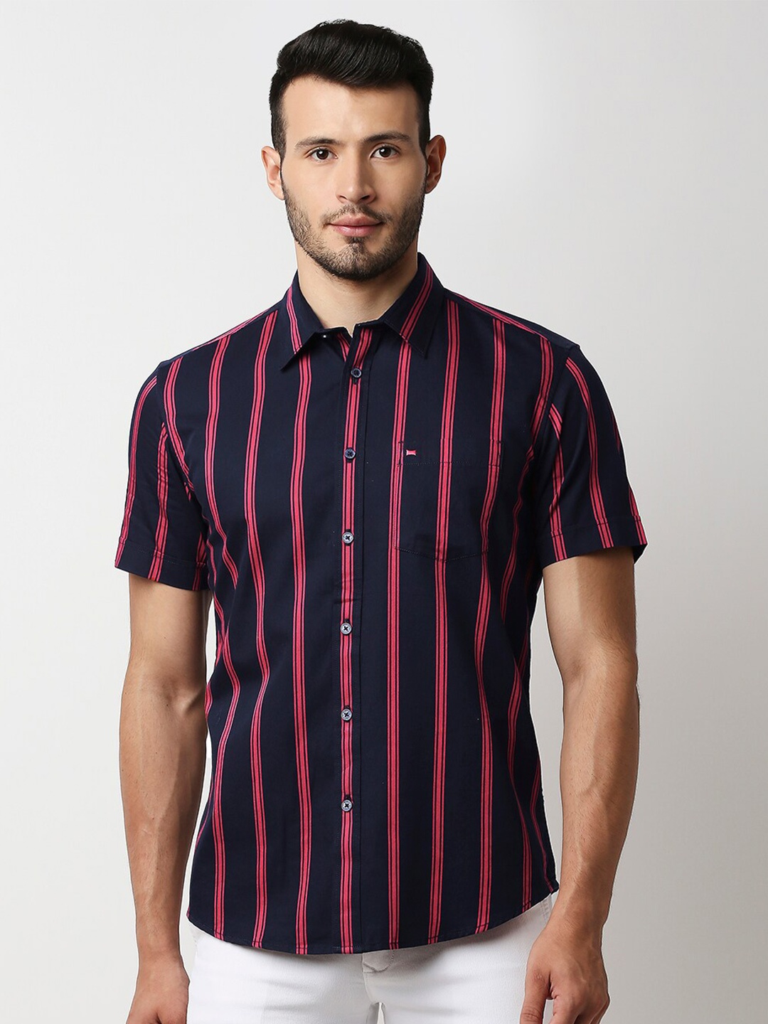 

Basics Men Navy Blue Slim Fit Striped Casual Shirt
