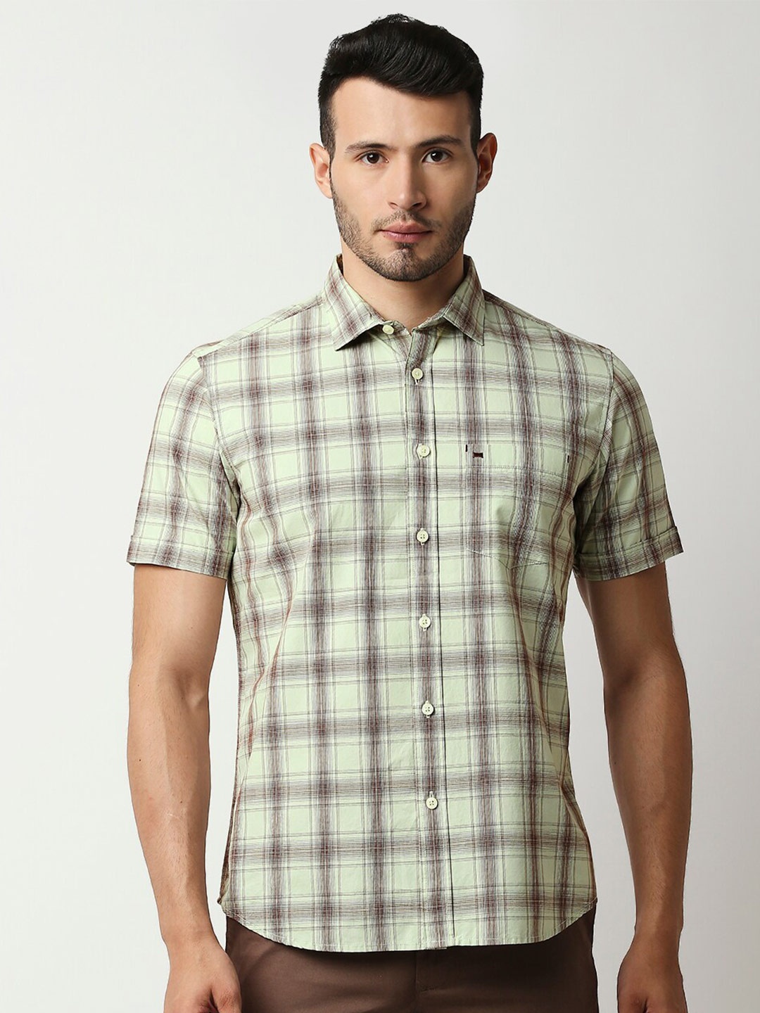 

Basics Men Green Slim Fit Checked Casual Shirt