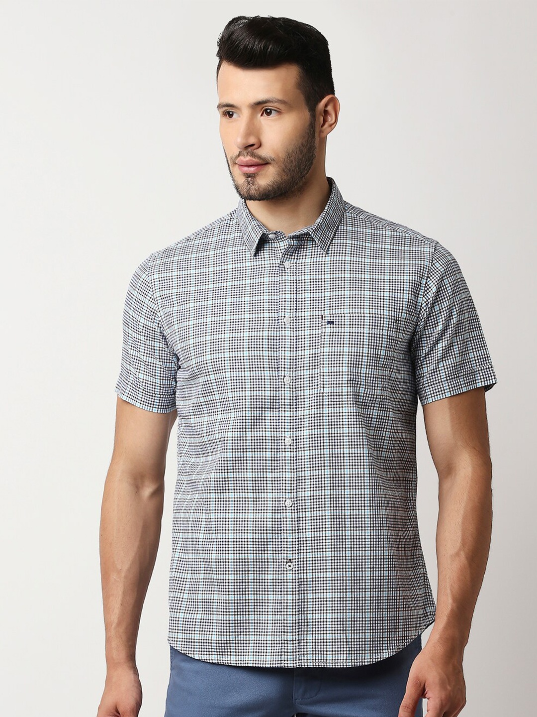 

Basics Men Navy Blue Slim Fit Checked Casual Shirt
