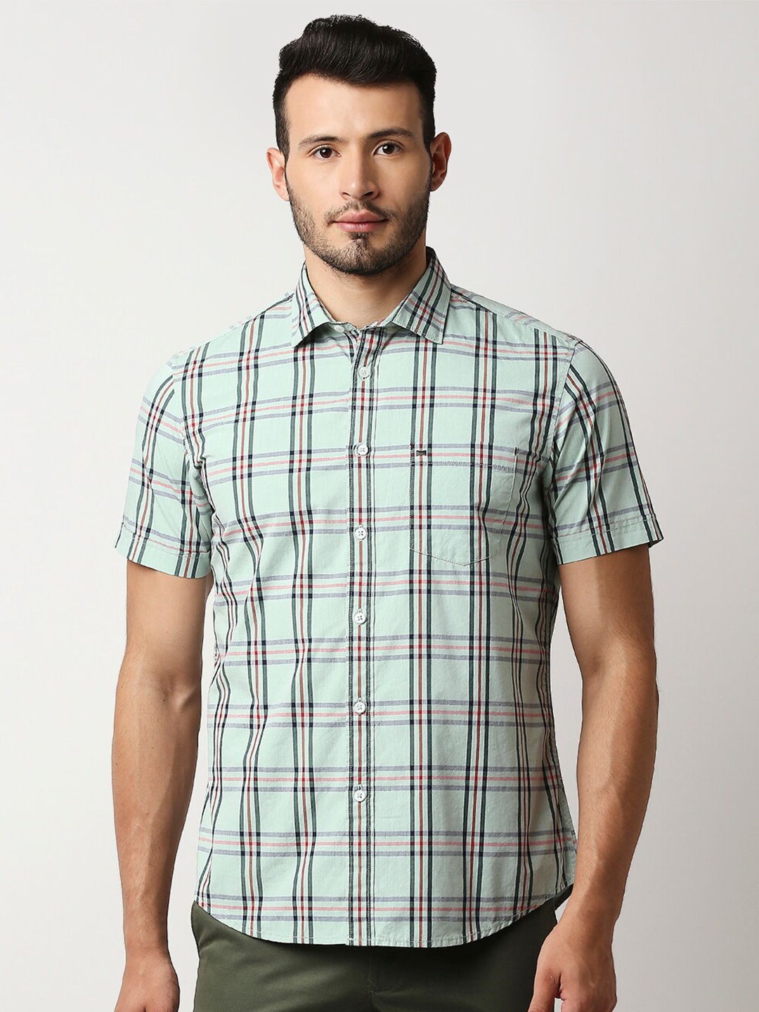 

Basics Men Green Slim Fit Tartan Checks Checked Casual Shirt