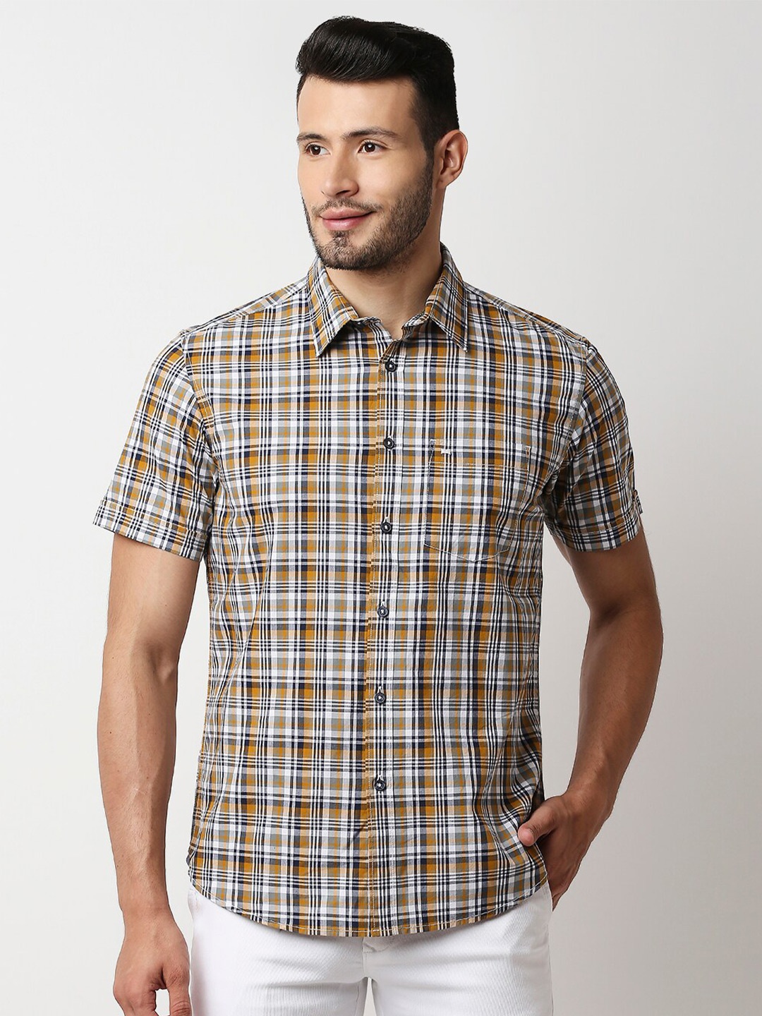 

Basics Men Yellow Slim Fit Tartan Checks Checked Casual Shirt