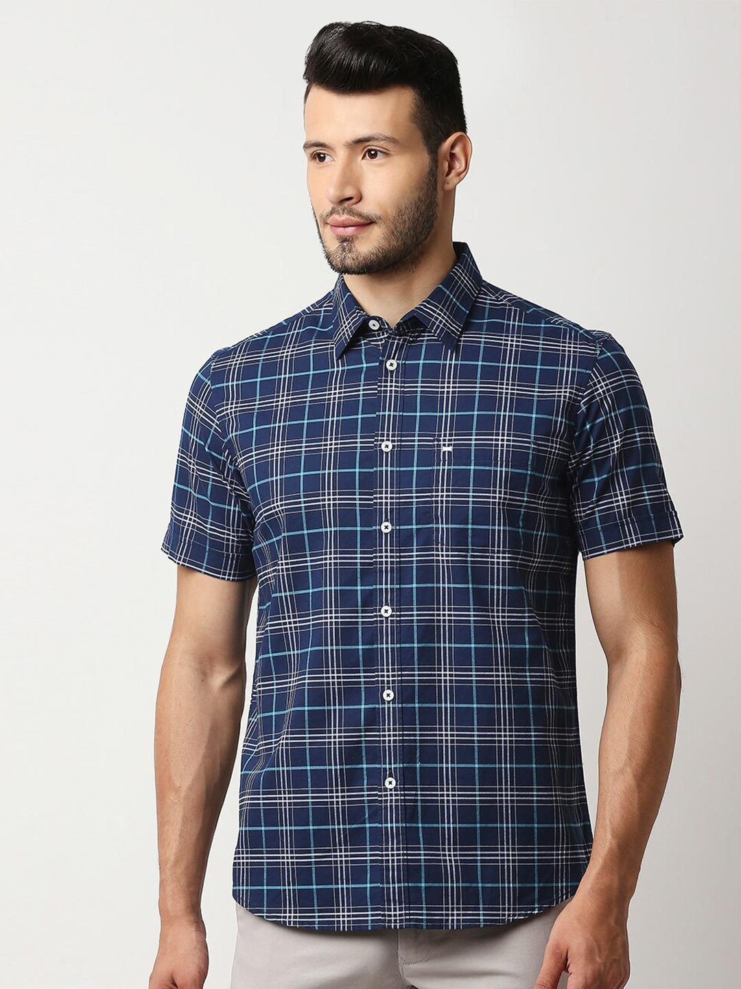 

Basics Men Navy Blue Slim Fit Checked Casual Shirt