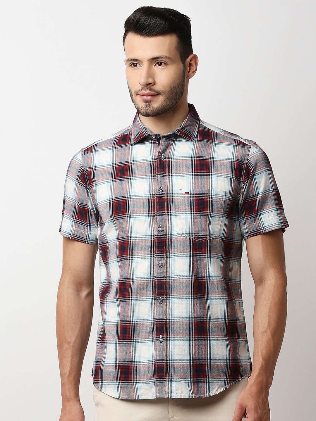 

Basics Men Orange Slim Fit Tartan Checks Checked Casual Shirt