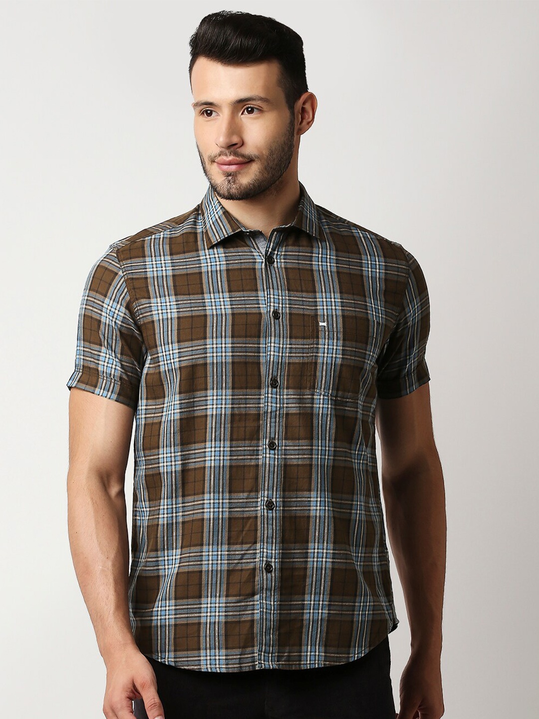 

Basics Men Brown Slim Fit Checked Casual Shirt
